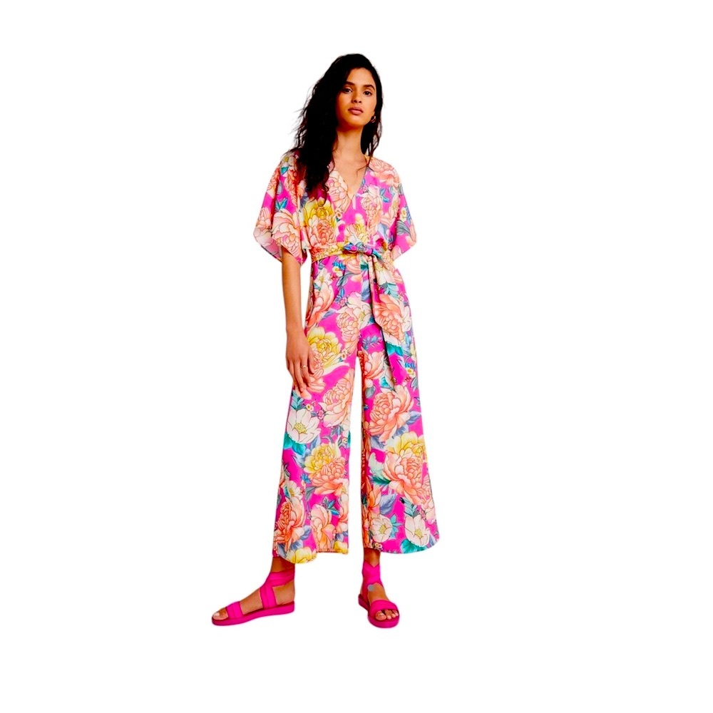 Anthropology Farm Rio Wide-Legged Pink Floral Jumpsuit